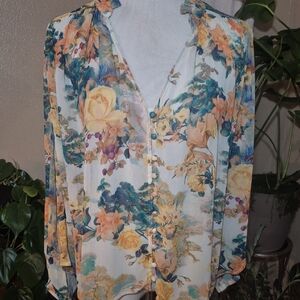 Anthropologie Floral Button-Down Blouse - Yellow and Blue